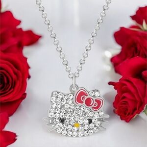 NWT Hello Kitty Crystal Necklace with Dark Pink Bow And Gift Bag